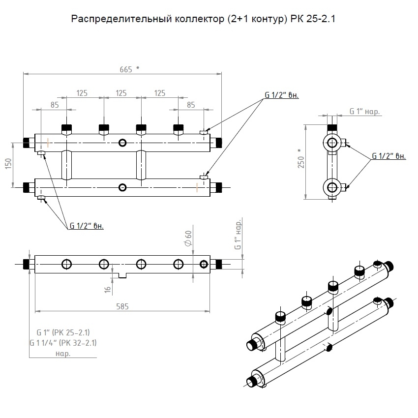 Распределительные коллекторы (2+1 контур) РК 25-2.1